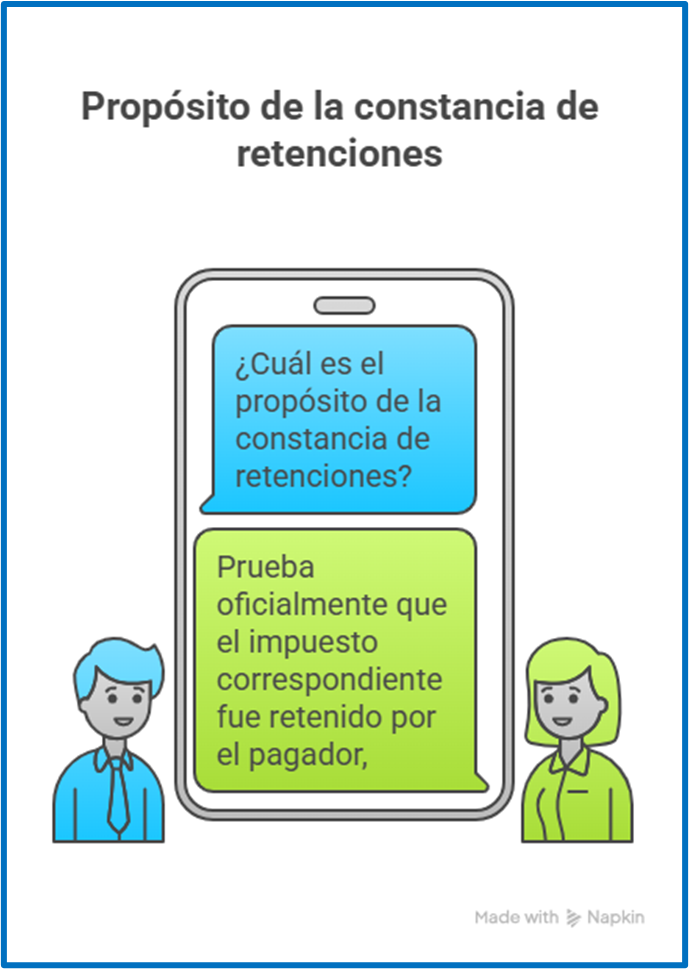 Propósito de la constancia de retención de impuestos explicado de forma visual y sencilla en una conversación simulada
