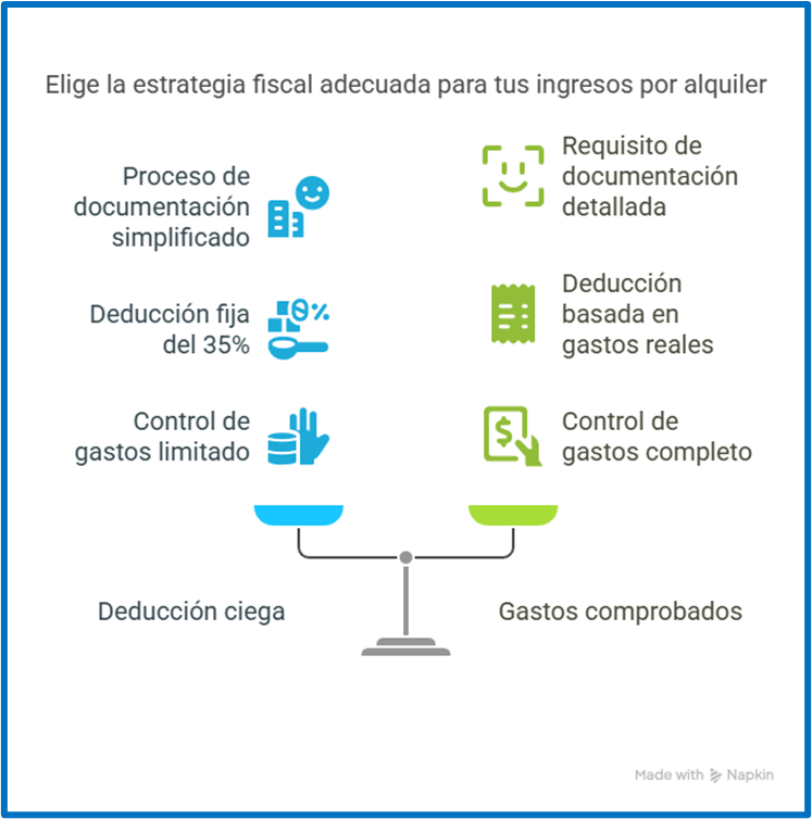 Comparativa visual entre deducción ciega y gastos comprobados en régimen fiscal 606 para arrendamiento de inmuebles