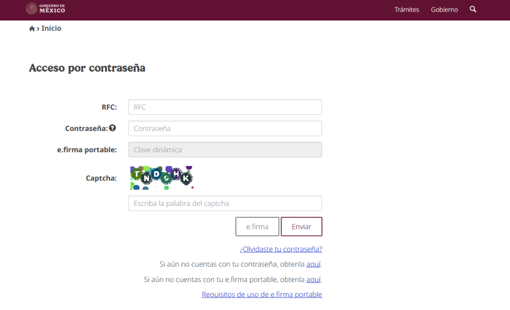 Pantalla de inicio de sesión en portal del SAT