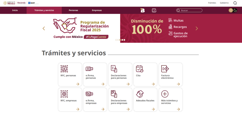 Pantalla de sección de Trámites y servicios en portal del SAT
