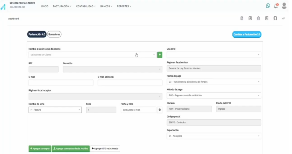Pantalla para añadir nuevo cliente para factura en Abaccor