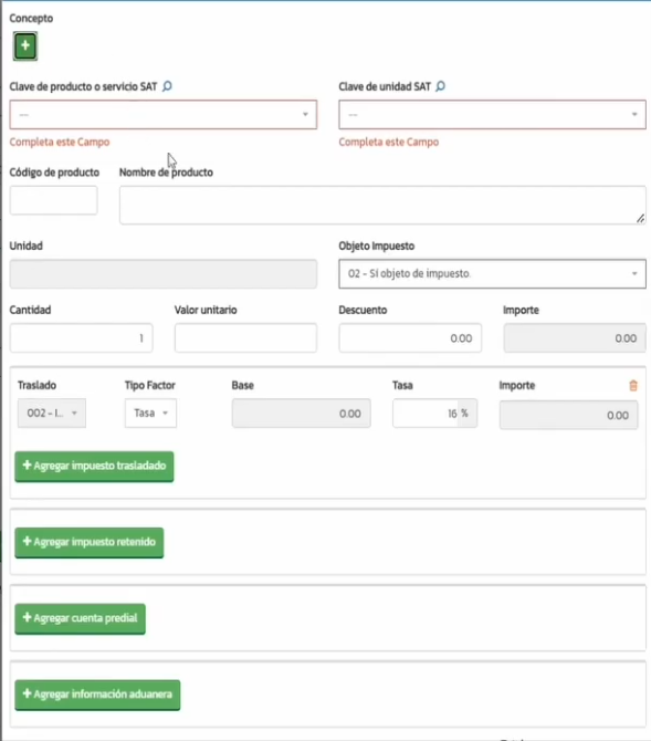 Captura de datos de producto en la guía de llenado CFDI 4.0 de Abaccor