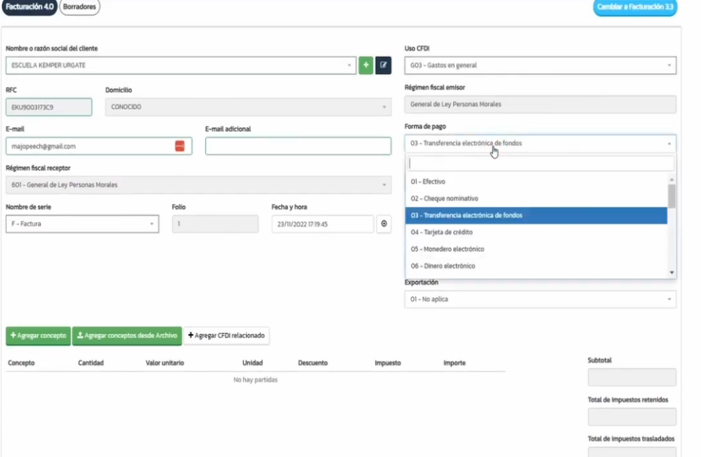 Pantalla para configuración de forma y método de pago factura en Abaccor