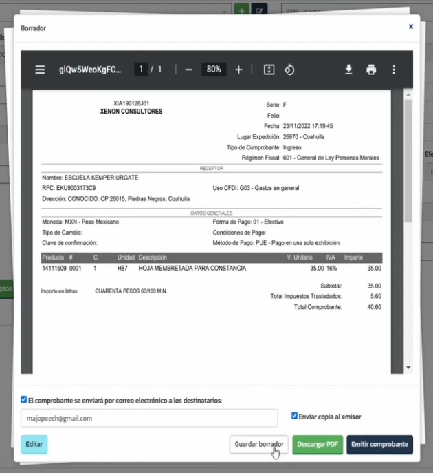 Vista previa del comprobante en la guía de llenado CFDI 4.0 antes de emitir o guardar la factura