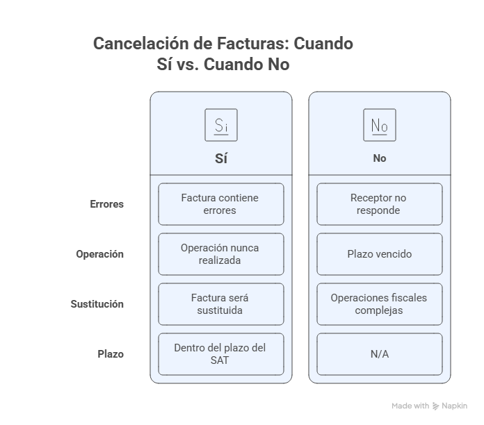 Comparativa de cuándo sí vs. cuándo no se pueden cancelar facturas