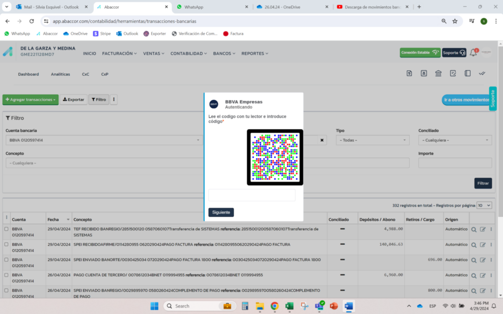 Pantalla de descarga de movimientos desde Abaccor