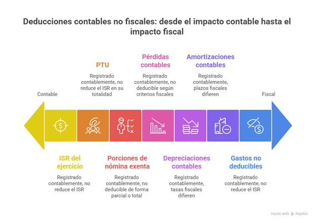 Diagrama que compara partidas contables y fiscales para identificar deducciones contables no fiscales en una conciliación